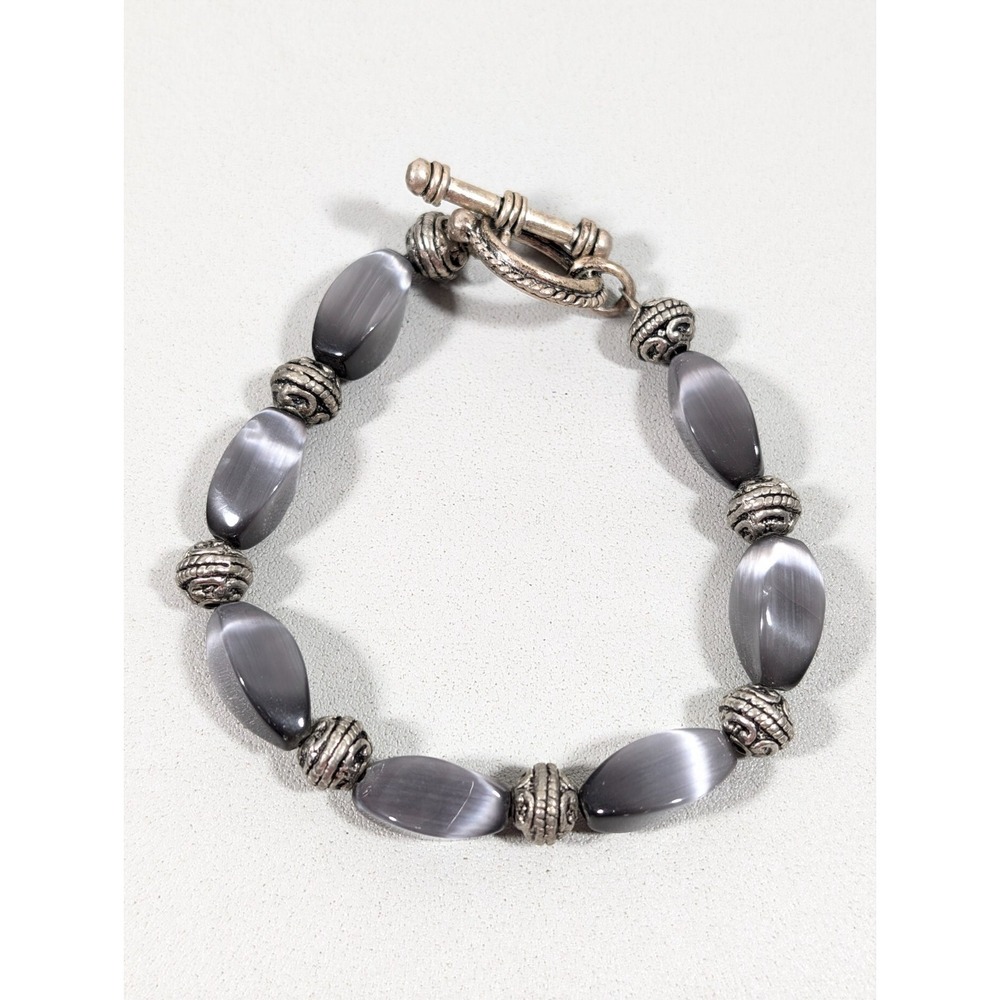 Boho Gray Cats Eye Glass Bead Toggle Bracelet Moon Glow‎ Western Style 7"
